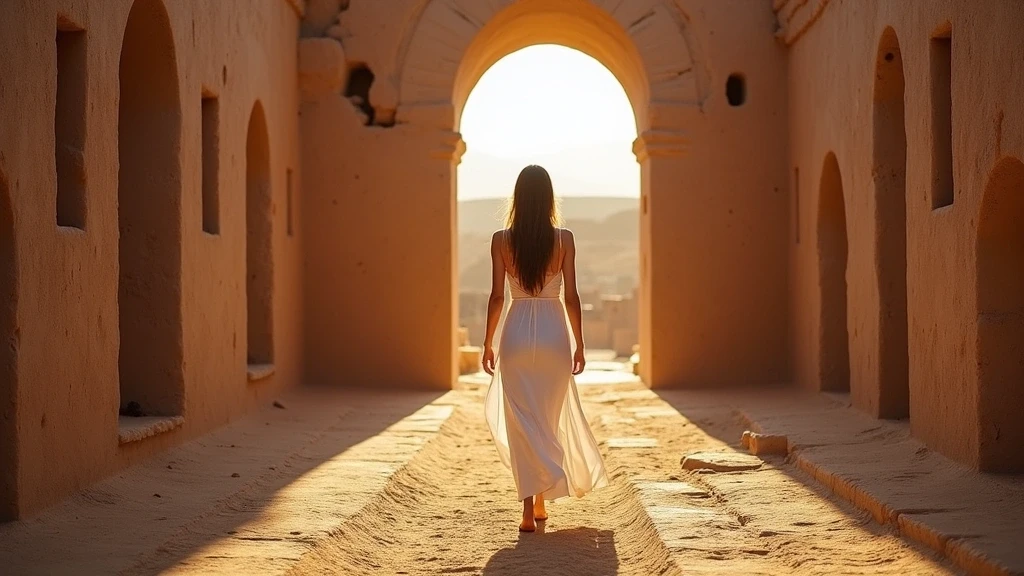 Elegante Frau in weissem Leinenkleid in den alten Ksar-Ruinen von Rissani
