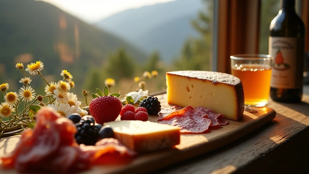 Kulinarische Aufnahme von kanadischem Kaesebrett mit lokalen Beeren in Rocky Mountain Lodge