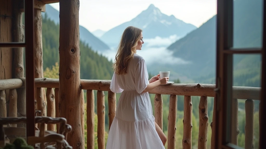 Elegante Frau auf Lodge-Balkon mit Bergblick in den Rocky Mountains bei Morgenlicht