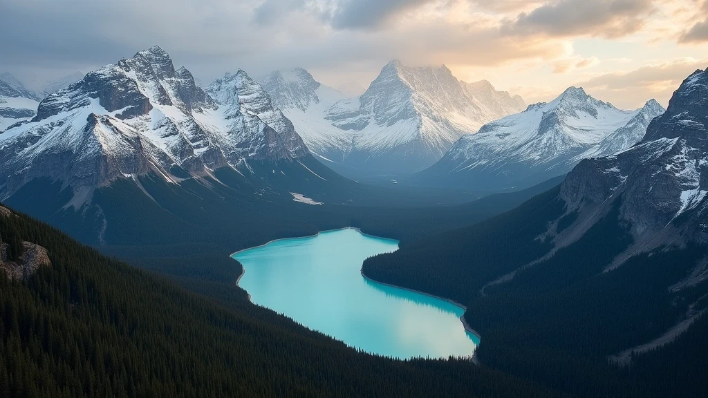 Luftaufnahme der Rocky Mountains in Kanada mit schneebedeckten Gipfeln und tuerkisfarbenen Seen zur goldenen Stunde