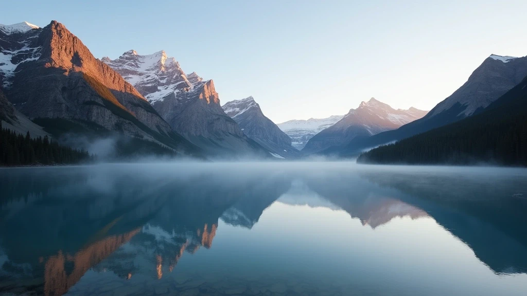 Panoramablick auf die Rocky Mountains mit Spiegelung im Gletschersee bei Sonnenaufgang
