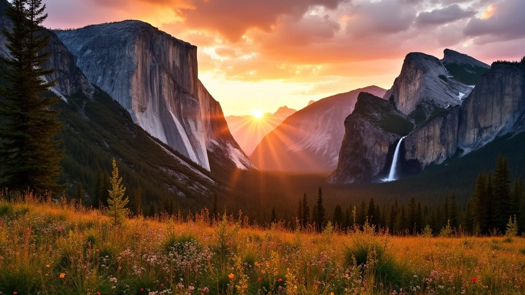 Sonnenuntergang in den Rocky Mountains mit Granitklippen, Wasserfaellen und Alpenwiesen