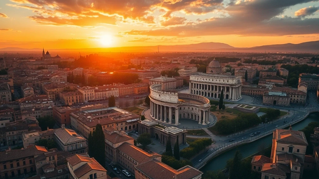 Luftaufnahme des Kolosseums und Forum Romanum in Rom zur goldenen Stunde, antike Ruinen im Abendlicht