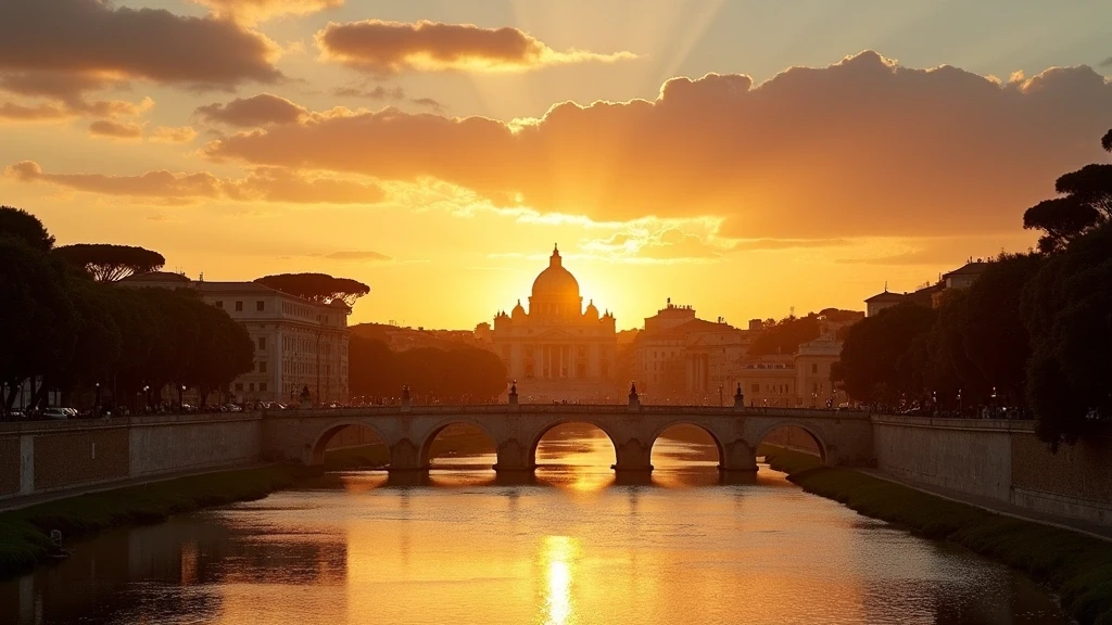 Sonnenuntergang ueber dem Tiber mit Silhouette des Petersdoms in Rom, goldene Abendstimmung