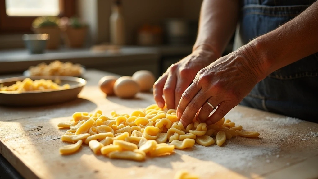 Handgemachte Pasta-Herstellung in Trastevere, Rom, traditionelle italienische Kueche im Abendlicht