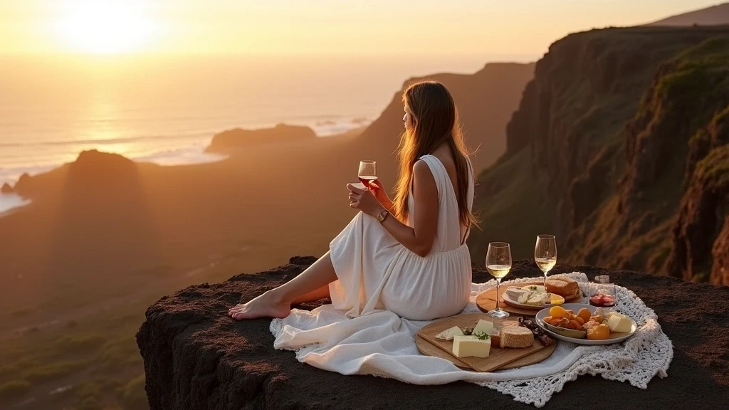 Elegante Reisende geniesst Picknick mit Blick auf Roque de los Muchachos auf La Palma