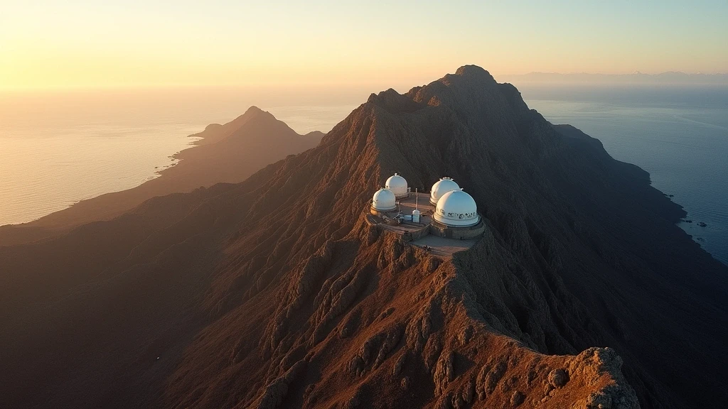 Dramatische Luftaufnahme des Roque de los Muchachos Observatoriums auf La Palma zur goldenen Stunde