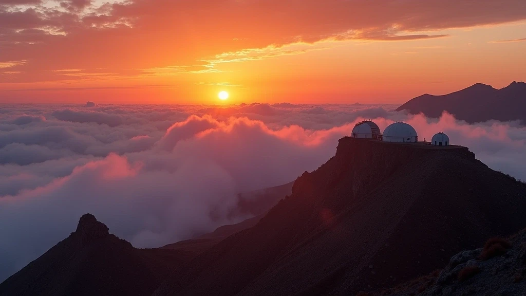 Sonnenuntergang ueber dem Roque de los Muchachos auf La Palma mit Wolkenmeer und Observatorien