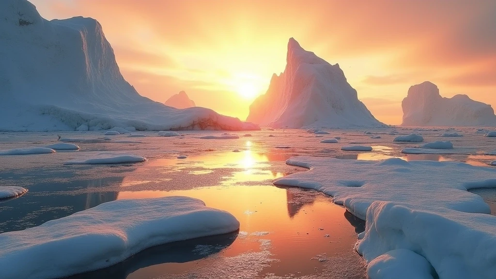 Sonnenuntergang hinter riesigen Tafeleisbergen im Rossmeer, Antarktis mit goldenem Licht