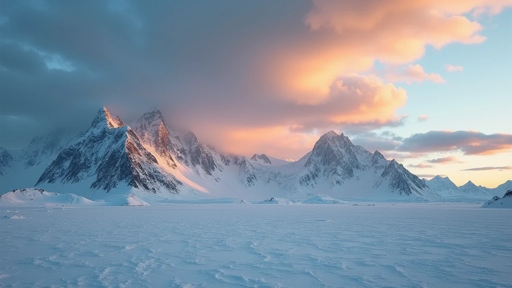 Panoramablick auf die Transantarktischen Berge im Rossmeer, Antarktis bei Sonnenuntergang