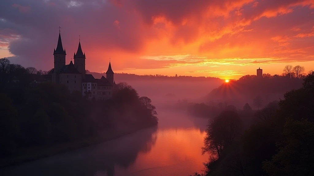 Sonnenuntergang ueber dem Taubertal mit Silhouette der Stadtmauer von Rothenburg ob der Tauber