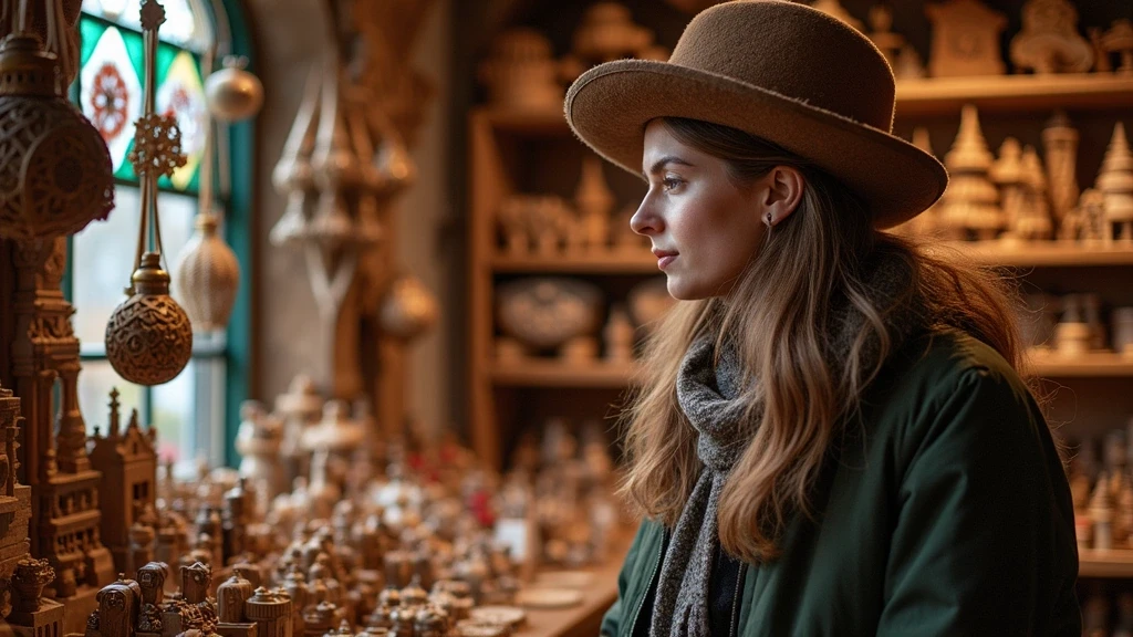 Reisende bewundert Weihnachtsornamente in einem Fachwerkhaus in Rothenburg ob der Tauber