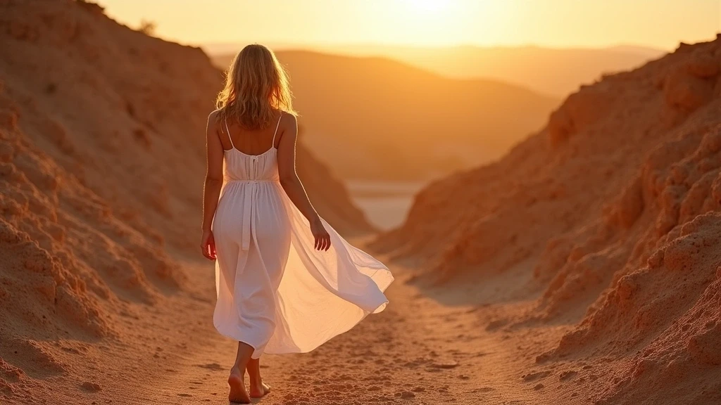 Elegante Frau in weissem Leinenkleid laeuft barfuss durch die Ockersteinbrueche von Roussillon bei Sonnenuntergang