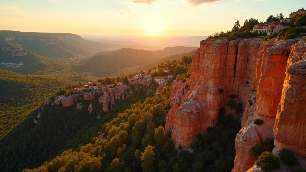 Luftaufnahme der Ockerfelsen und roten Felsformationen von Roussillon in der Provence zur goldenen Stunde
