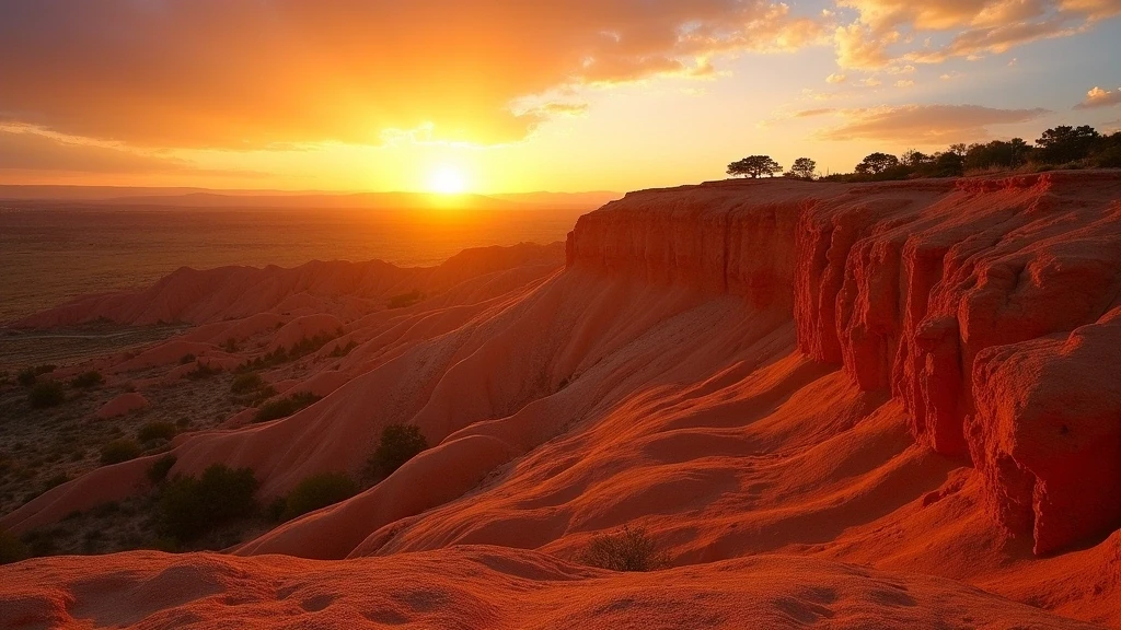 Sonnenuntergang ueber den Ockerfelsen von Roussillon mit dramatischem Licht in der Provence