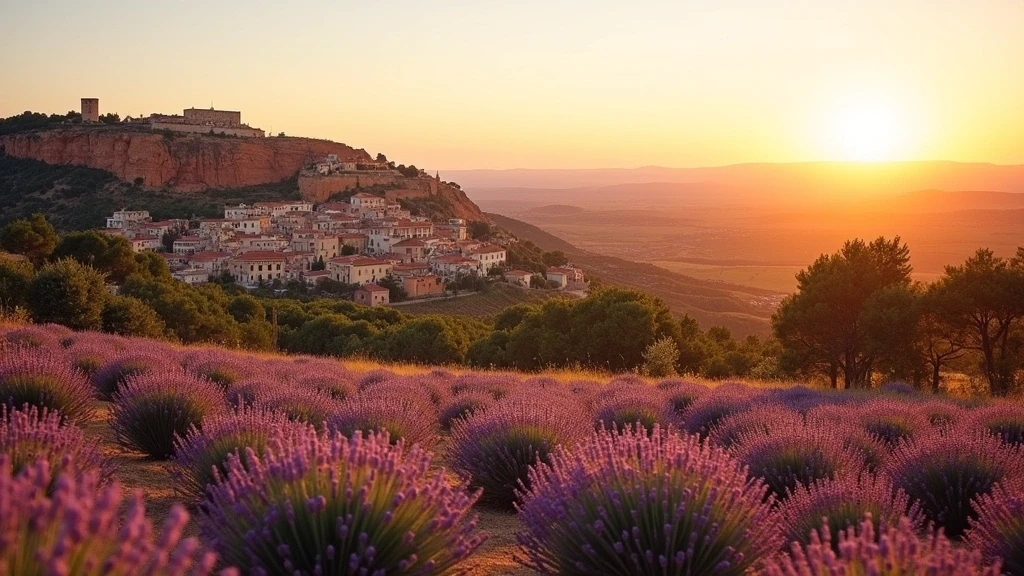 Panoramablick auf das Huegeldorf Roussillon mit Ockerfelsen und Lavendelfeldern zur goldenen Stunde
