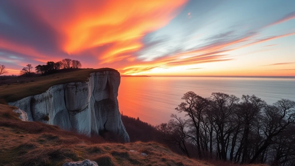 Sonnenuntergang am Königsstuhl auf Rügen mit Kreidefelsen und Ostsee