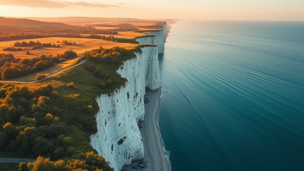 Luftaufnahme der Kreidefelsen von Jasmund auf Rügen zur goldenen Stunde