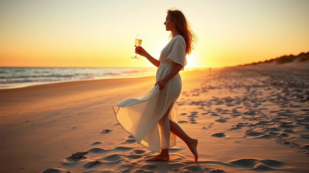 Elegante Frau am Selliner Strand auf Rügen bei Sonnenuntergang mit Sekt