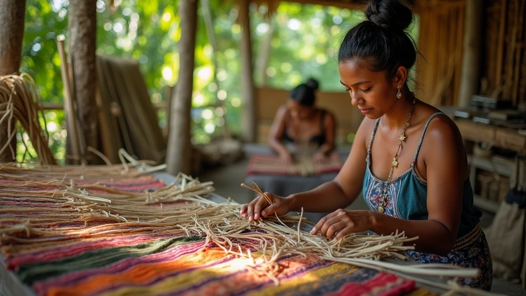 Lokale Fuehrerin demonstriert traditionelle Webtechniken mit Naturfasern im Amazonas-Dorf bei Rurrenabaque, Bolivien