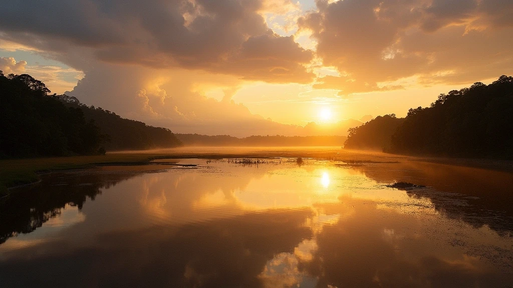 Goldene Stunde am Beni Fluss mit Spiegelungen der Altarme und Amazonas-Vegetation bei Rurrenabaque, Bolivien