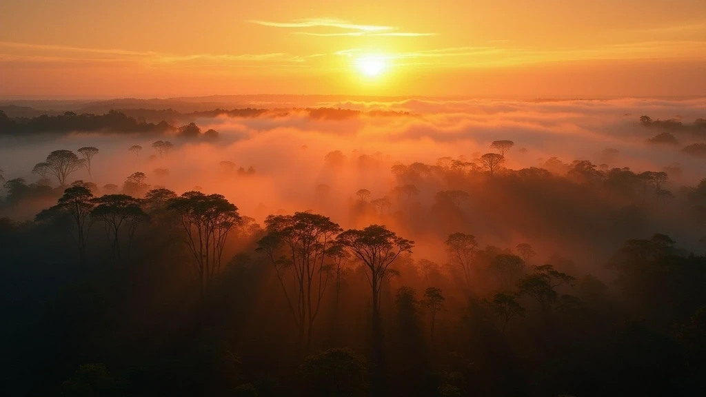 Panoramablick auf den Madidi Nationalpark bei Sonnenuntergang mit mystischem Nebel im Amazonas-Regenwald von Rurrenabaque, Bolivien