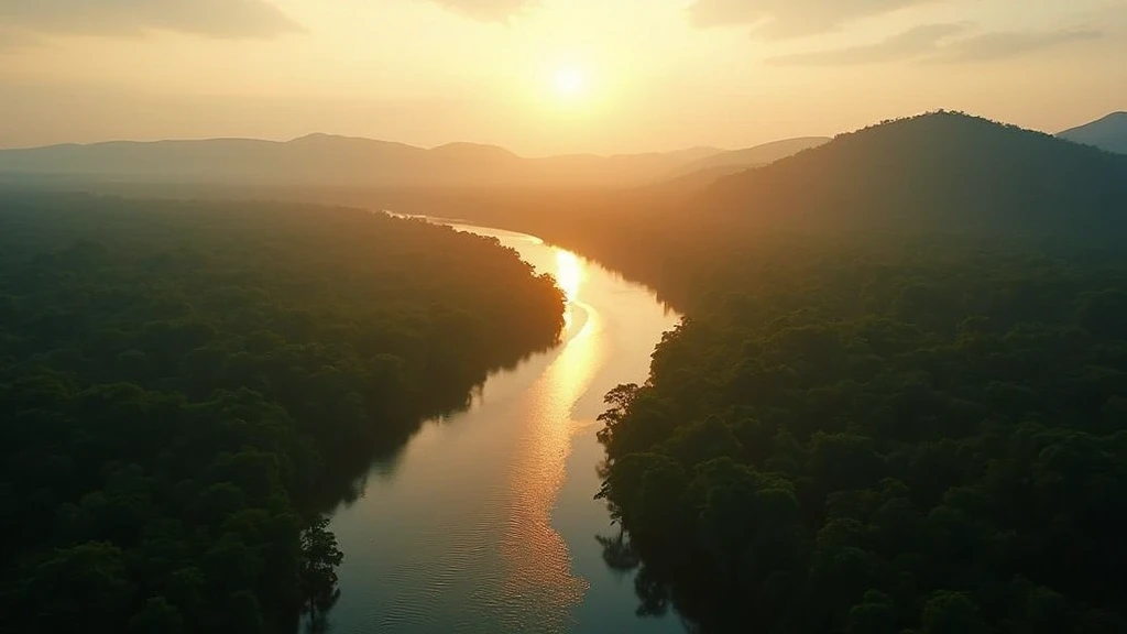 Dramatische Luftaufnahme des Zusammenflusses von Beni und Tuichi Flüssen im Amazonas-Regenwald bei Rurrenabaque, Bolivien zur goldenen Stunde