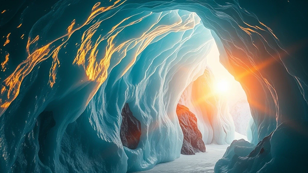 Goldene Stunde im Allalin-Gletscher-Eisgrotte von Saas-Fee mit Lichtstrahlen