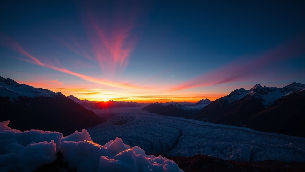Sonnenuntergang ueber dem Fee-Gletscher in Saas-Fee mit alpenglow