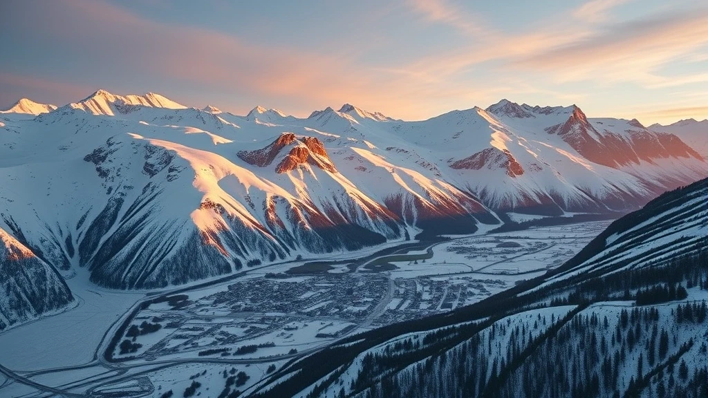 Luftaufnahme von Saas-Fee im Wallis mit schneebedeckten Alpengipfeln zur goldenen Stunde