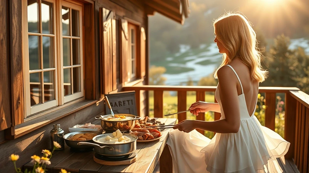 Elegante Frau geniesst Raclette auf Balkon in Saas-Fee zur goldenen Stunde