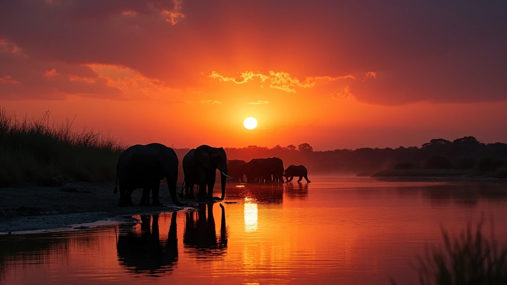 Sonnenuntergang am Sabi Fluss in Sabi Sand mit Elefanten-Silhouetten