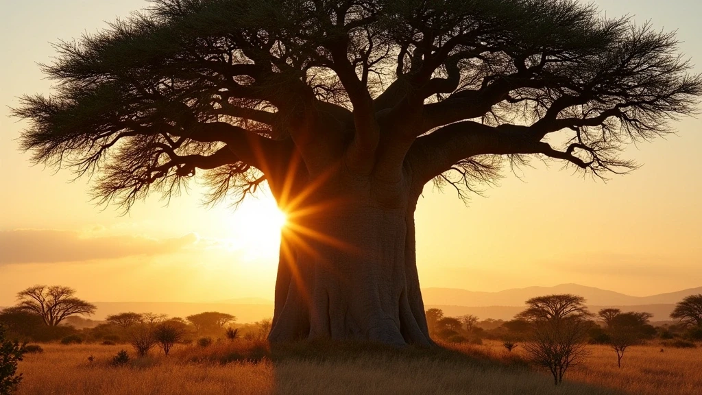 Goldene Stunde beleuchtet uralten Baobab-Baum in Sabi Sand Savanne