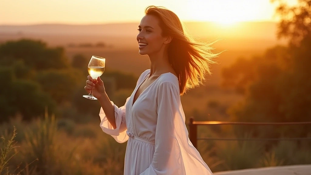 Elegante Frau geniesst Sundowner auf Safari-Lodge Terrasse in Sabi Sand