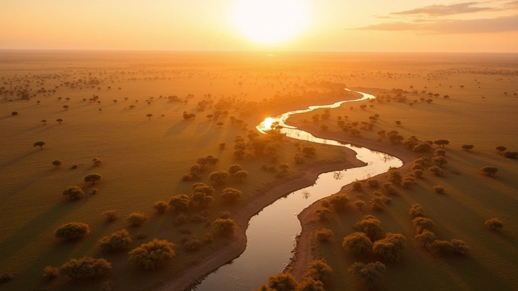 Luftaufnahme der Savannenlandschaft in Sabi Sand zur goldenen Stunde mit Wildtierherden