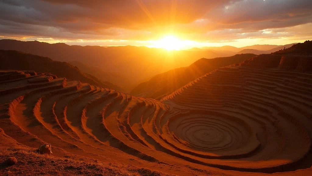 Sonnenuntergang ueber den kreisfoermigen Inka-Terrassen von Moray im Heiligen Tal