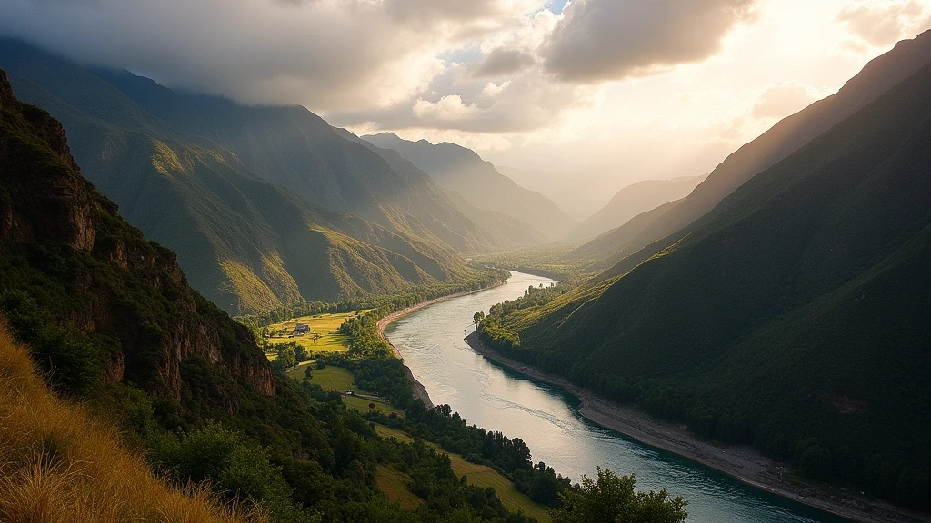 Panoramablick auf den Urubamba-Fluss im Heiligen Tal bei Sonnenuntergang