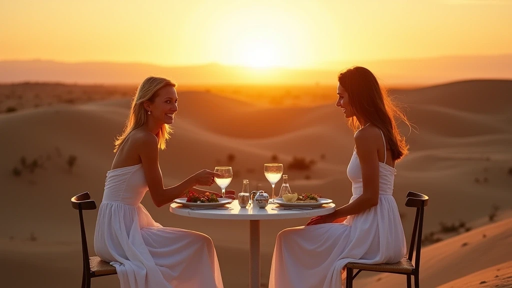 Elegante Frau geniesst Sonnenuntergangs-Dinner auf Duenenterrasse in Safari-Express