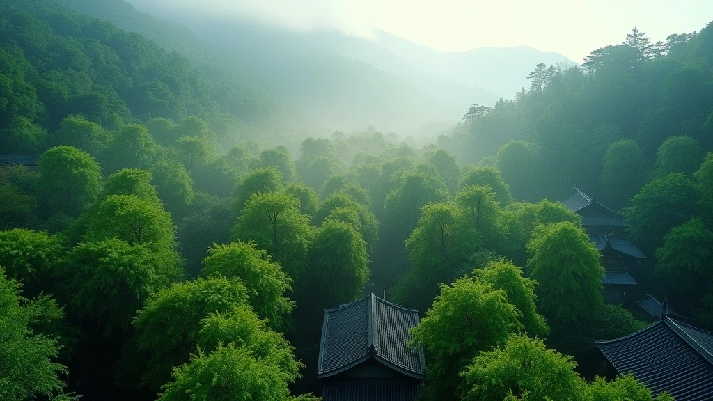 Luftaufnahme des Arashiyama Bambushains in Sagano, Japan, bei morgendlichem Nebel und goldenem Licht