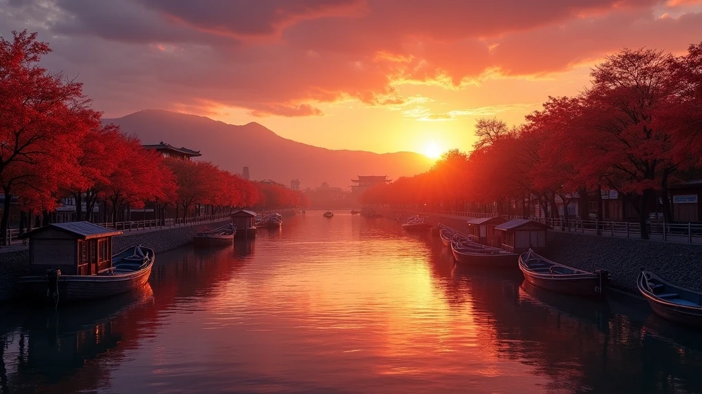 Sonnenuntergang ueber dem Hozu Fluss in Sagano mit Herbstlaub und traditionellen Booten