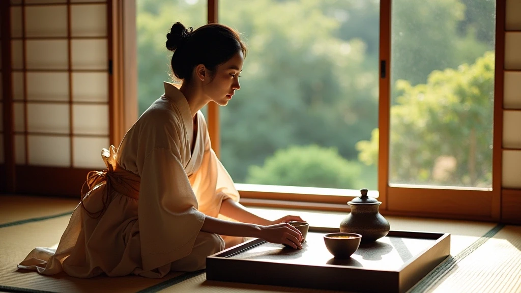 Elegante Frau im Kimono bei Matcha-Teezeremonie in Sagano mit traditionellem Interieur