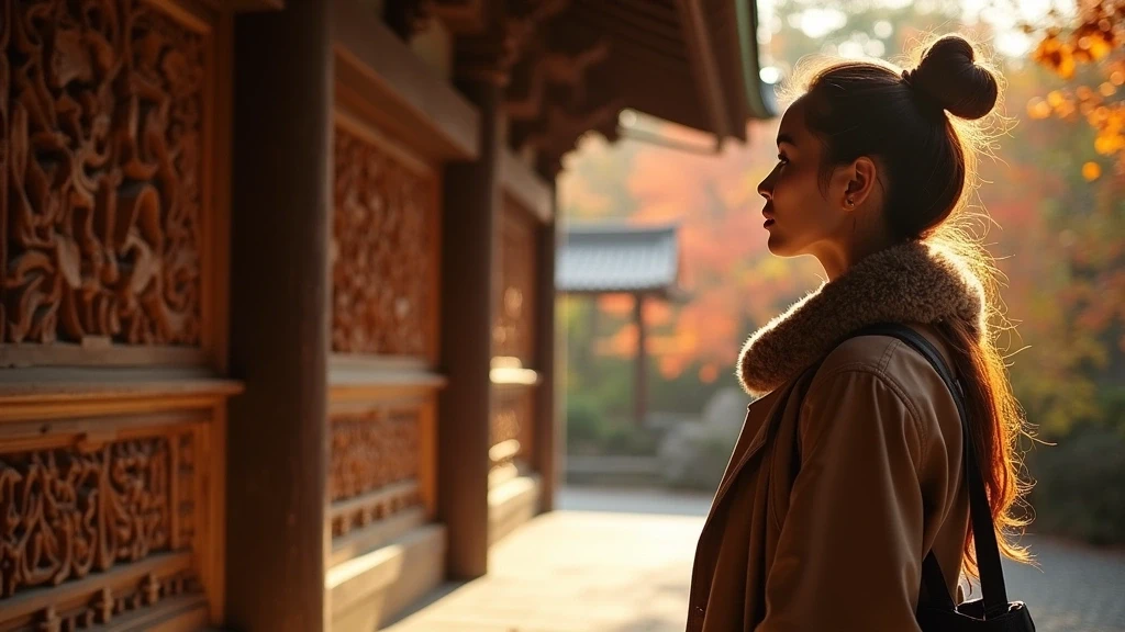 Stylische Reisende bewundert Holzschnitzereien am Tenryu-ji Tempel in Sagano im Herbst