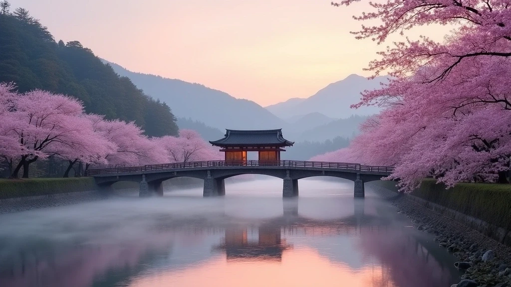 Panorama des Togetsukyo Bruecke in Sagano bei Sonnenaufgang mit Kirschblueten und Nebel