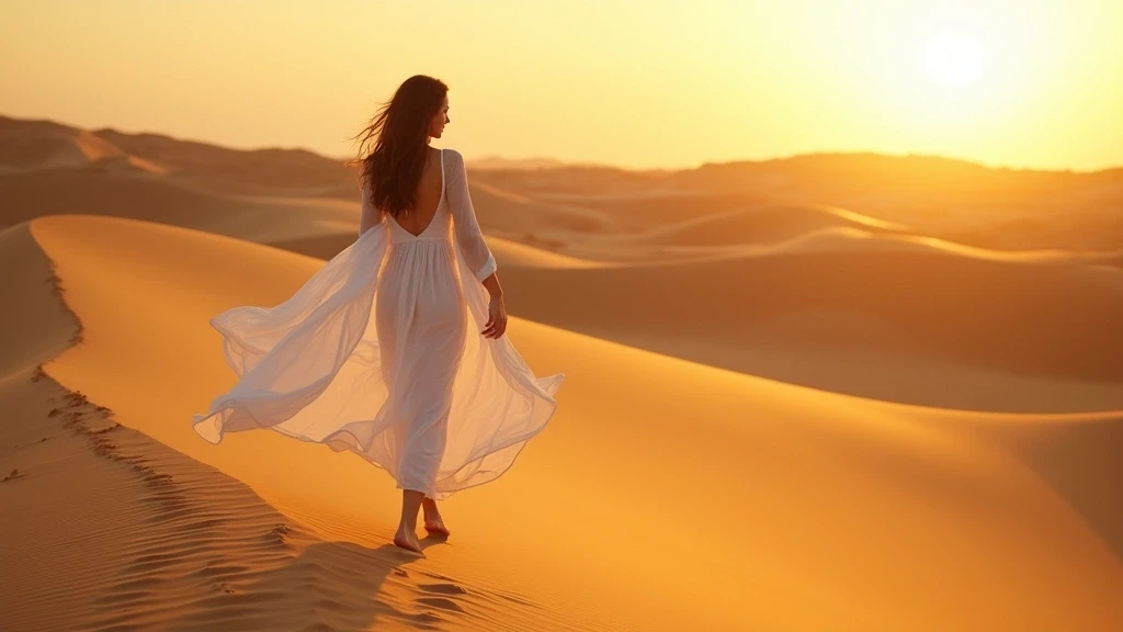 Elegante Frau in fliessendem Kleid auf Sandduenen in der Sahara, Marokko bei Sonnenuntergang