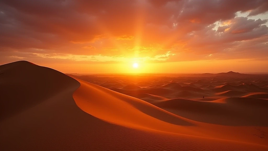 Sonnenuntergang ueber den Sandduenen der Sahara in Marokko mit dramatischem Himmel