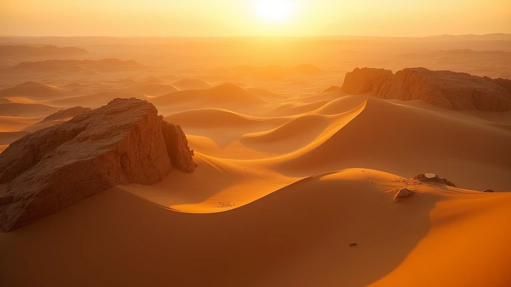 Luftaufnahme der goldenen Sandduenen und felsigen Plateaus in Saharan Sky Dunes zur goldenen Stunde