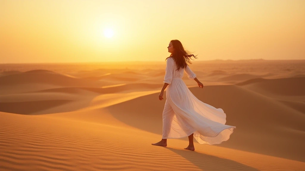 Elegante Frau in weissem Leinenkleid laeuft barfuss durch Saharan Sky Dunes bei Sonnenuntergang