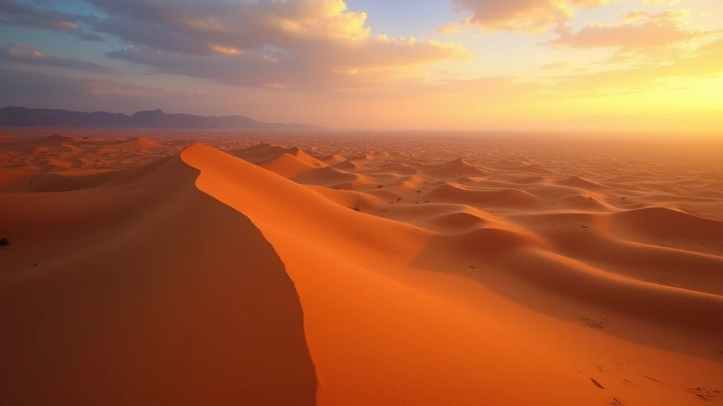 Panoramablick auf die Sandduenen von Saharan Sky Dunes zur goldenen Stunde in Algerien
