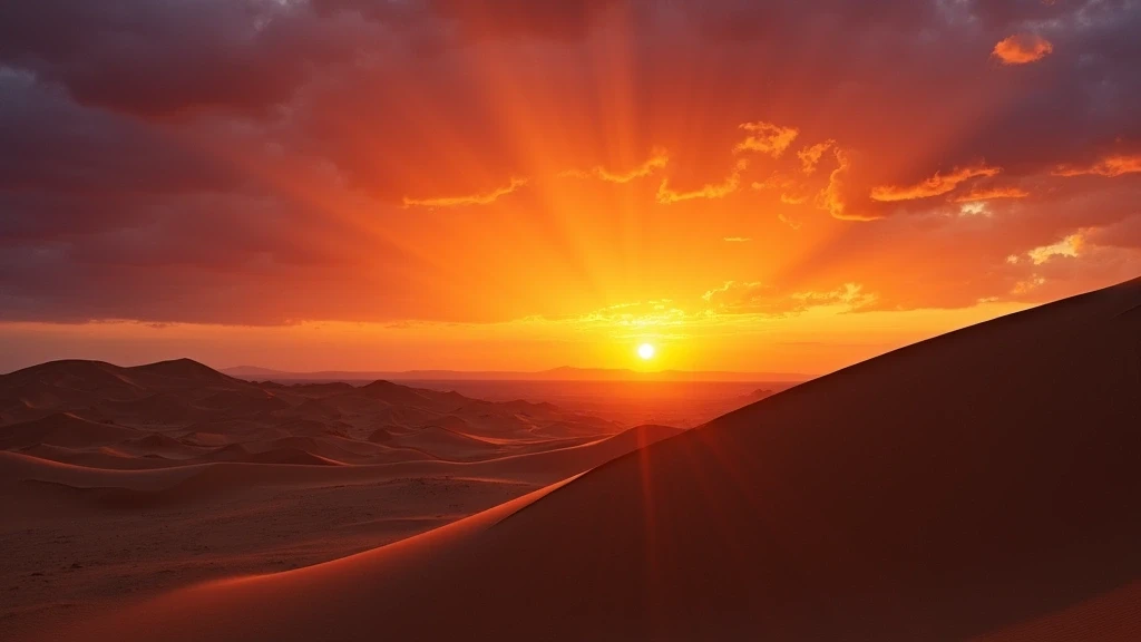 Dramatischer Sonnenuntergang ueber den Sandduenen von Saharan Sky Dunes in Algerien