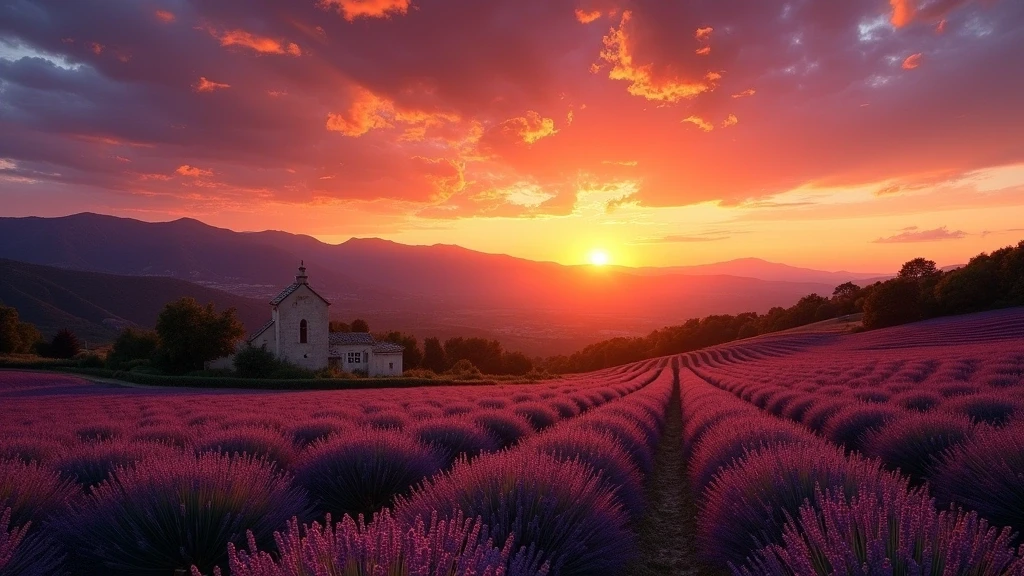 Sonnenuntergang ueber den Luberon-Bergen mit Lavendelfeldern im Vordergrund in Saignon, Provence
